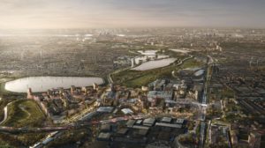 Aerial CGI of the Meridian Water site with Central London in the background
