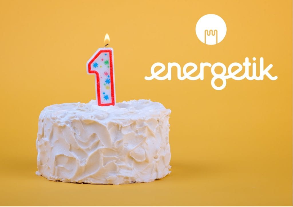 Birthday cake with one candle and energetik logo